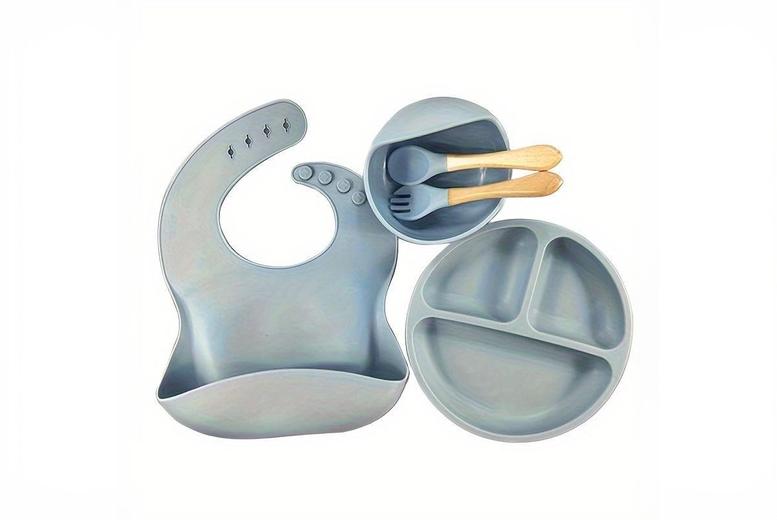 5 Piece Grey BPA-Free Silicone Baby Feeding Set – Nursery Mealtime Essentials | Wowcher