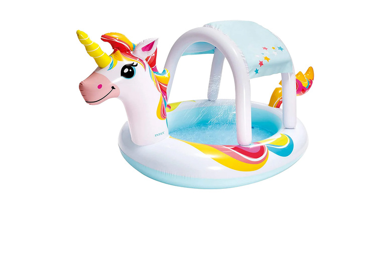 Unicorn Sprinkler Inflatable Pool – Outdoor Water Play, UV Parasol, Ages 2+, 254cm | Wowcher