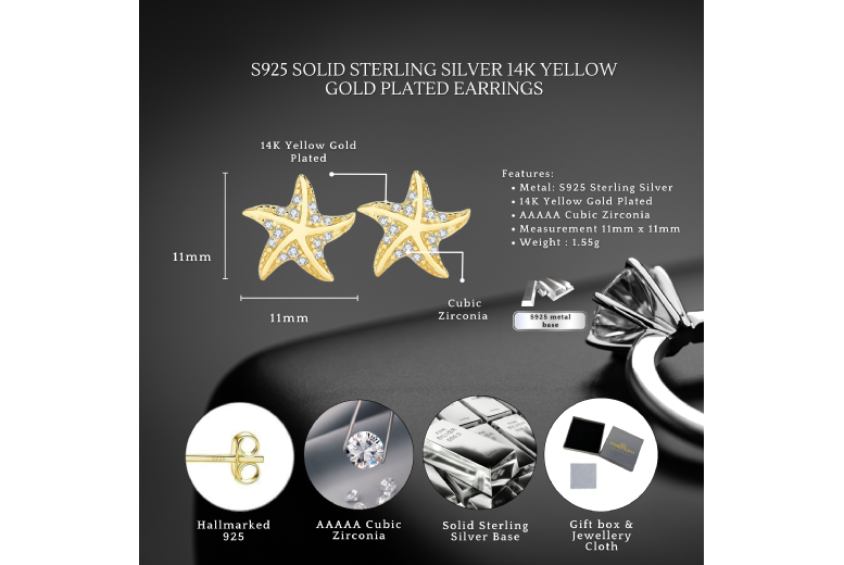 14K Gold-Plated Sterling Silver Starfish Stud Earrings with Cubic Zirconia – S925 Hallmarked Fine Jewellery | Wowcher