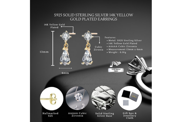 Sterling Silver Teardrop Drop Earrings – 14K Gold Plated, Hypoallergenic, Lightweight Statement Dangles with Cubic Zirconia | Wowcher