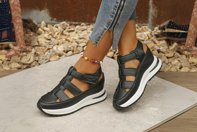 Brown Women’s PU Platform Wedge Sandals – Breathable Hollow Out, Casual Summer Slip-On | Wowcher