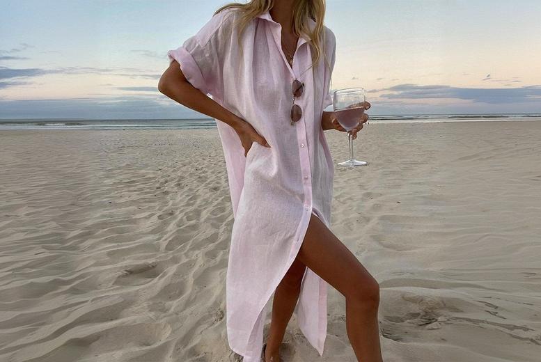 Green Women’s Loose Button Down Shirt Dress – 4 Sizes, 3 Colours | Wowcher