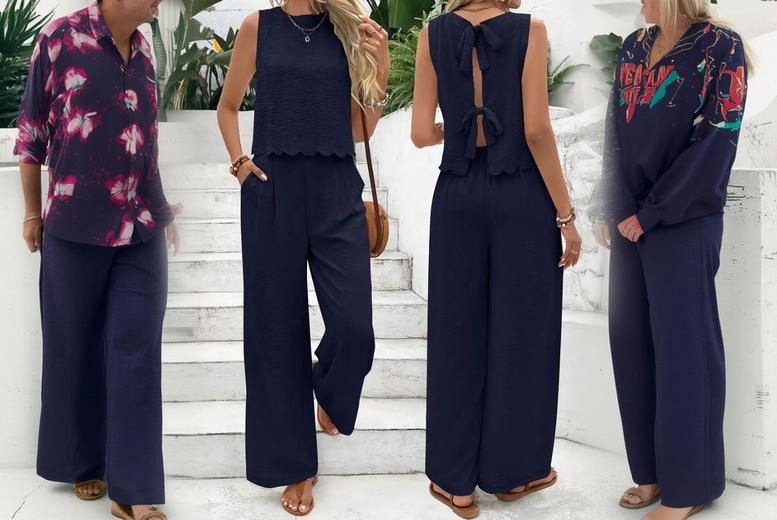 Beige Women’s Summer Two Piece Co-Ord Set – 100% Polyester, Breathable, Sleeveless Crop Top & Wide Leg Trousers, Sizes 8-16 | Wowcher