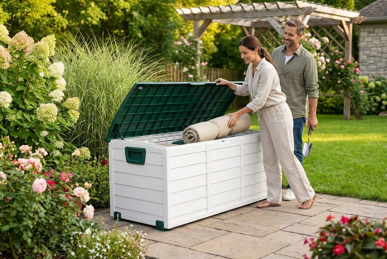 XL Weatherproof Outdoor Garden Storage Box - Heavy-Duty PVC, 290L Capacity, Mobile, Modern Design | Wowcher