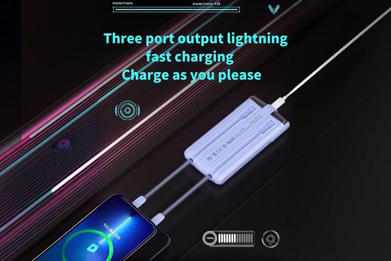 10000mAh Fast Charging Power Bank with Dual Built-in Cables – Portable Charger for iPhone & Android, Ultra Slim, 4 Colours | Wowcher