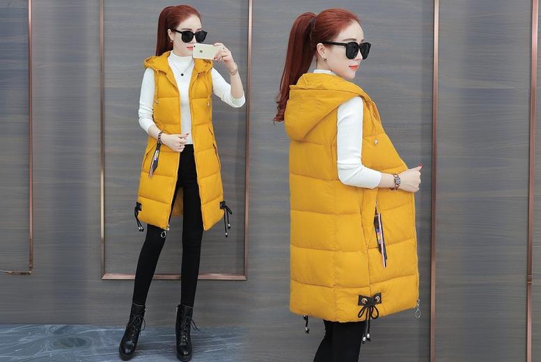 White Women’s Longline Quilted Puffer Gilet Coat – Lightweight Thermal, Hooded, 6 Sizes, 5 Colours | Wowcher