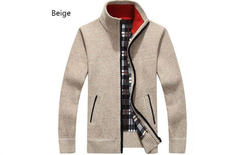 Men's Zipped Knit Sweater Jacket, M, Beige | Wowcher