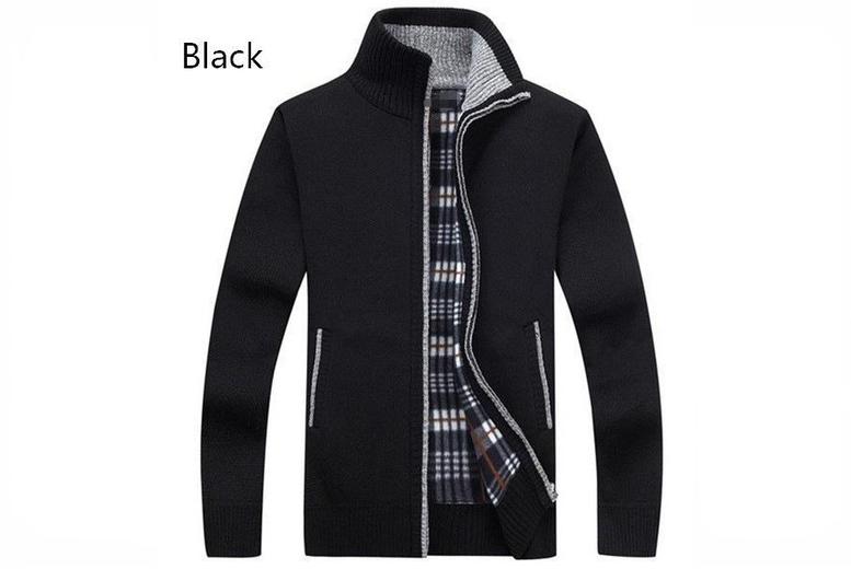 Men's Zipped Knit Sweater Jacket, M, Black | Wowcher