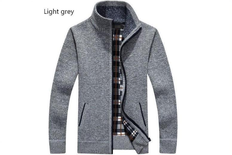 Men's Zipped Knit Sweater Jacket, M, Light Grey | Wowcher