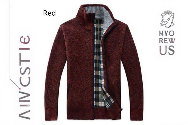 Men's Zipped Knit Sweater Jacket, M, Red | Wowcher