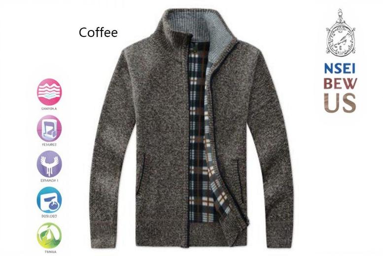 Men's Zipped Knit Sweater Jacket, M, Coffee | Wowcher