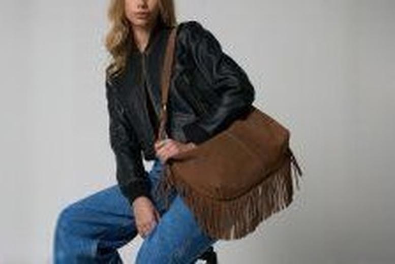 Unisex Barney’s Mocha Cow Suede Tassel Crossbody Bag – Genuine Leather, Adjustable Strap, Boho Fringe | Wowcher