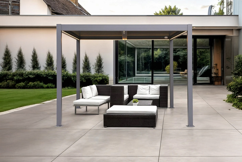 Weather-Resistant Aluminium LED Pergola – Adjustable Roof, 2 Sizes | Wowcher Weather-Resistant Aluminium LED Pergola – Adjustable Roof, 2 Sizes | Wowcher