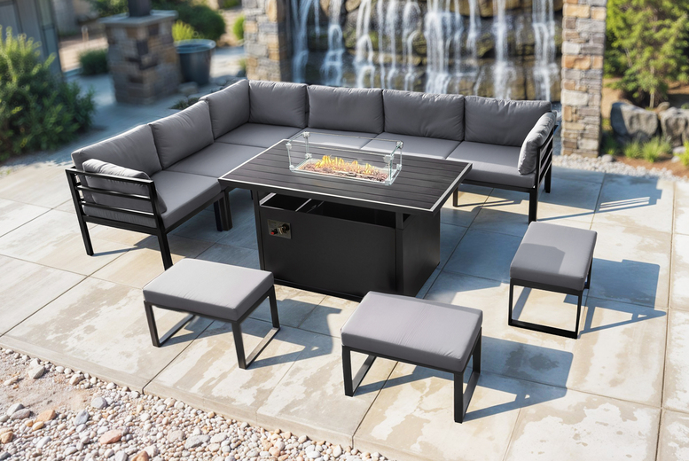 Modern 9-Seater Aluminium Garden Dining Set with Fire Pit | Wowcher
