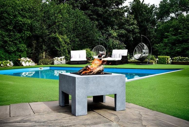 Square Outdoor Fire Pit & Console – Multi-Use Log Burner, Cement or Granite Finish, All-Weather Heater | Wowcher
