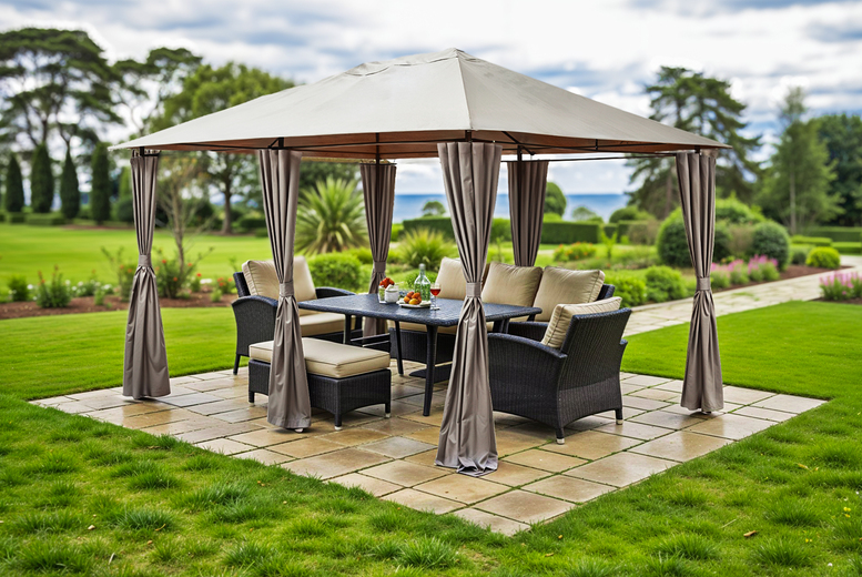 3m x 4m Weather-Resistant Steel Gazebo with Side Curtains – Grey | Wowcher