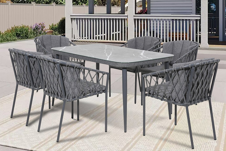 Sweenie 7-Piece Rustic Rattan Outdoor Dining Set – Weather-Resistant, 6-Seater | Wowcher Sweenie 7-Piece Rustic Rattan Outdoor Dining Set – Weather-Resistant, 6-Seater | Wowcher
