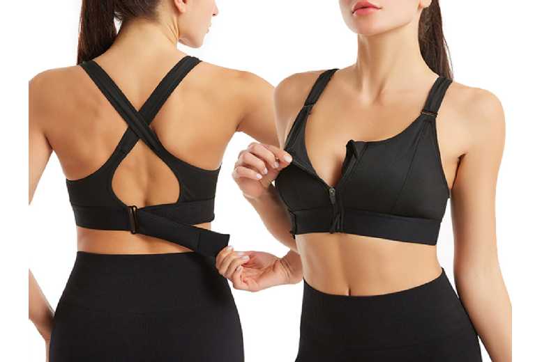 Black Women’s Adjustable Breathable Sports Bra – Front Zip, Shockproof Support, S-2XL | Wowcher