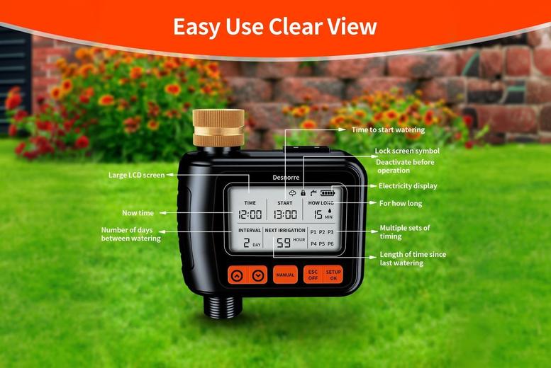 Automatic Garden Watering Timer – Battery-Powered, IPX5 Waterproof, Child Lock, Adjustable Flow | Wowcher