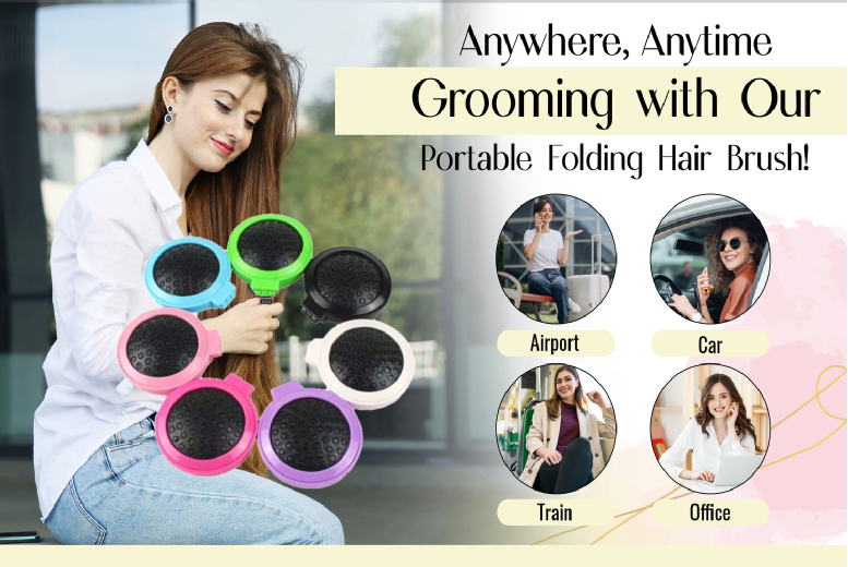 2-in-1 Mini Folding Detangle Hair Brush & Mirror – For All Hair Types, Travel-Friendly | Wowcher