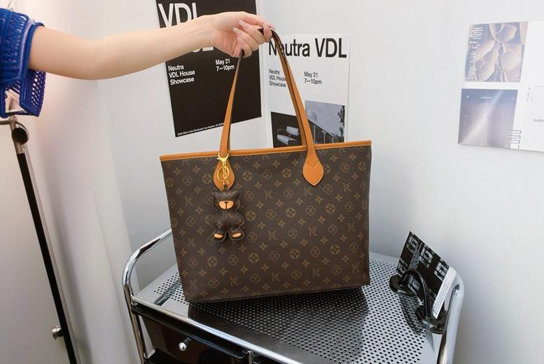 Designer  Retro Tote Bag for Women – Monogram Canvas, Adjustable Strap, Spacious Organiser (Brown & Khaki) | Wowcher