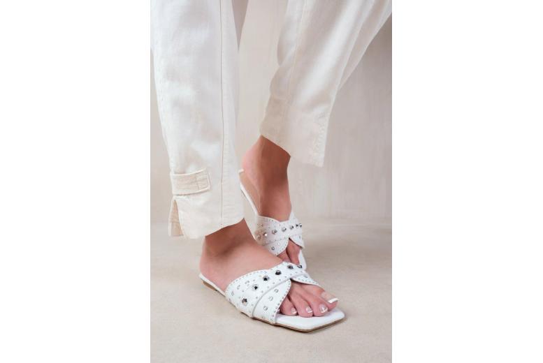 White Women’s Faux Leather Flat Slip-On Sandals – Double Cross Over Strap, Stud Detail, Casual Summer Shoes | Wowcher
