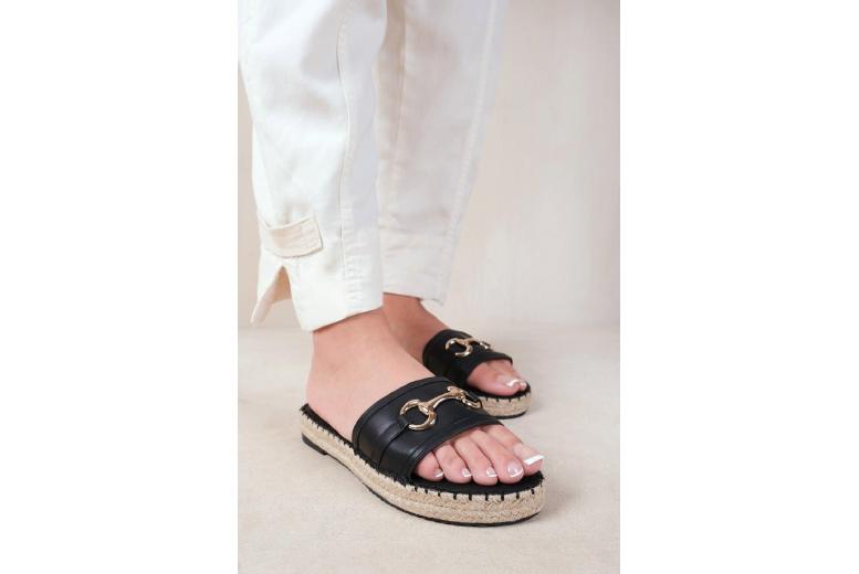 Black Women’s Flat Slip-On Sandals – Thread Design, Gold Metal Detail, Casual Comfort | Wowcher