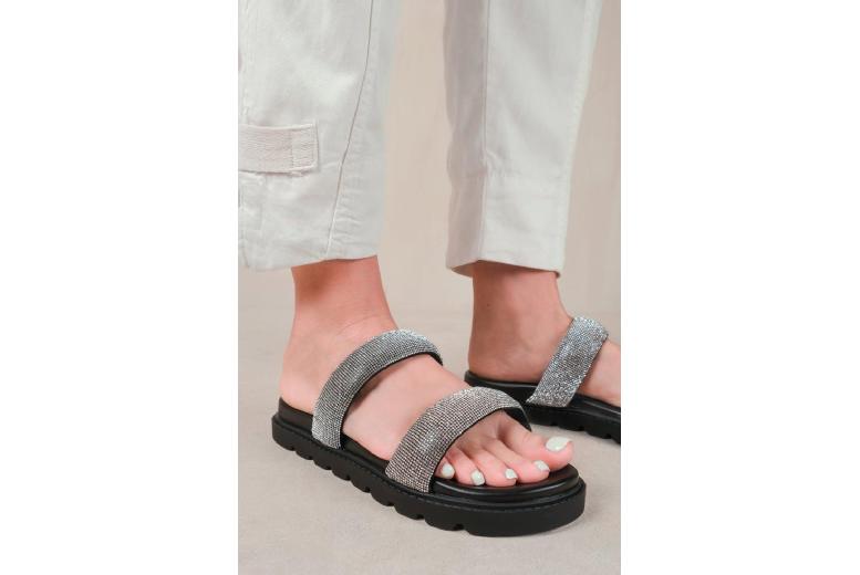 Black Women’s Faux Leather Slip-On Sandals with Clear Diamond Strap – Flat, Lightweight, Summer Casual | Wowcher