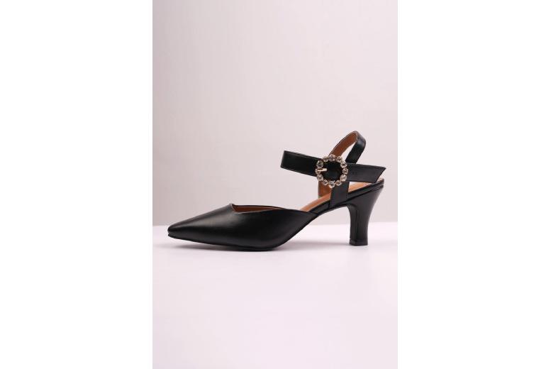 Black Women’s Wide Fit Mid Heel Slip-On Sandals with Diamante Buckle – Comfortable Dress Shoes | Wowcher