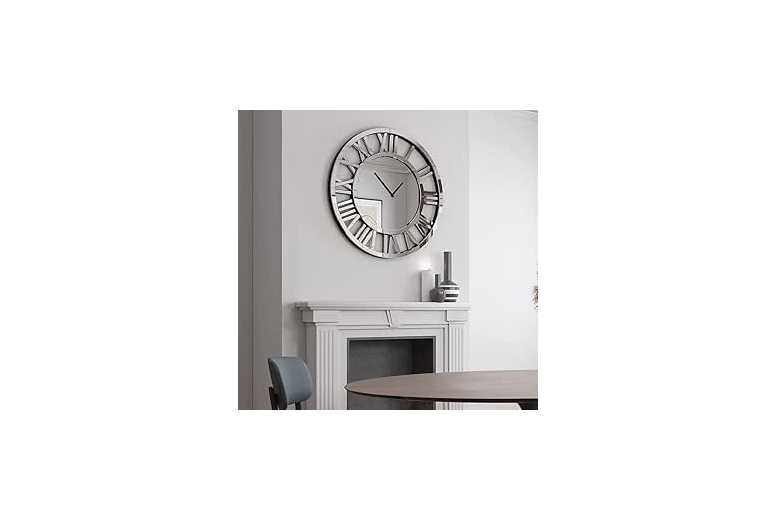 60cm Mirrored Wall Clock Large Roman Numerals Silver