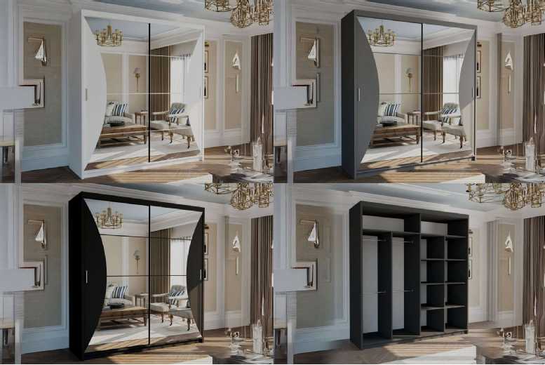 Warsaw Curved Mirror Sliding Door Wardrobe – Matt MDF, Full-Length Mirrors, Space-Saving Storage, 2 Sizes, 3 Colours | Wowcher