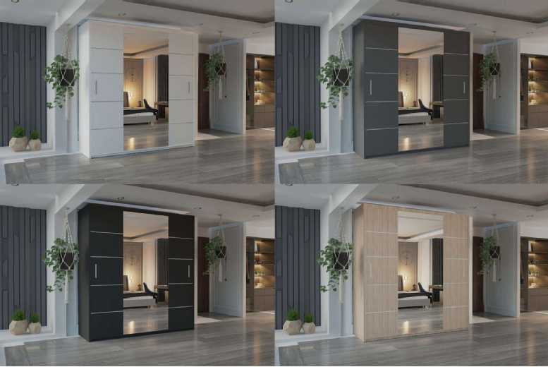 Milan Mirrored Sliding Door Wardrobe – Modern Bedroom Storage in White, Black, or Grey – Full-Length Mirror, Space-Saving Design, 16mm Laminated Parti Milan Mirrored Sliding Door Wardrobe – Modern Bedroom Storage in White, Black, or Grey – Full-Length Mirror, Space-Saving Design, 16mm Laminated Parti