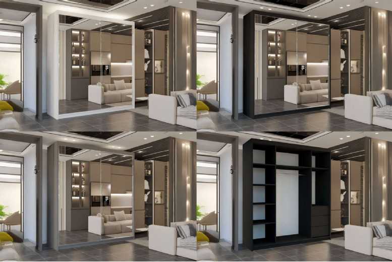 Aurora Full Mirror Sliding Door Wardrobe – White & Black, MDF, Spacious Storage, 150cm/200cm, Contemporary Bedroom Furniture | Wowcher