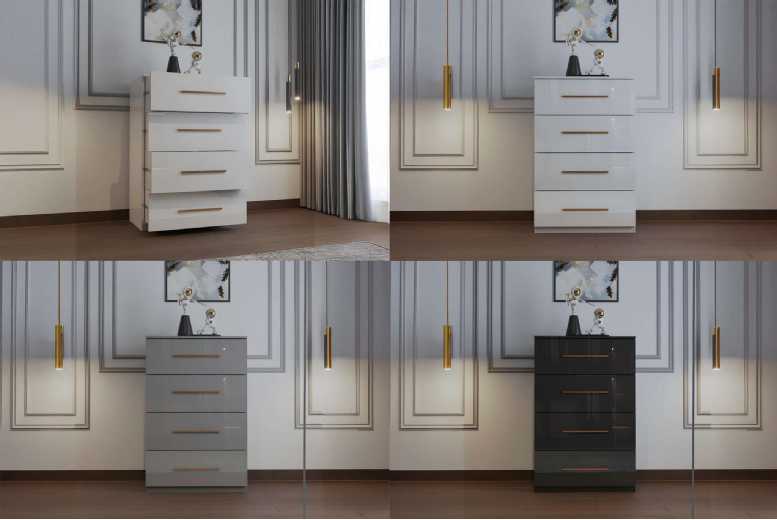 Modern High Gloss 4-Drawer Bedroom Chest – Sleek Storage in White, Black, or Grey | Wowcher