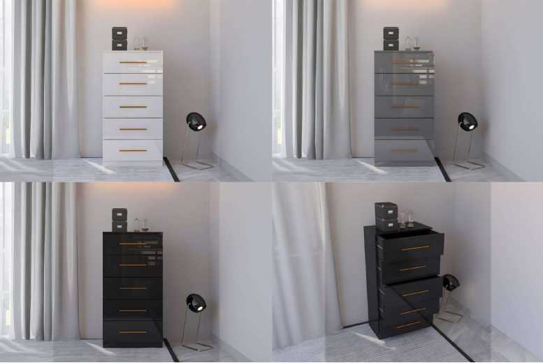 Modern High Gloss 5-Drawer Bedroom Chest – Space-Saving Vertical Storage, Durable Build, Contemporary Style | Wowcher Modern High Gloss 5-Drawer Bedroom Chest – Space-Saving Vertical Storage, Durable Build, Contemporary Style | Wowcher