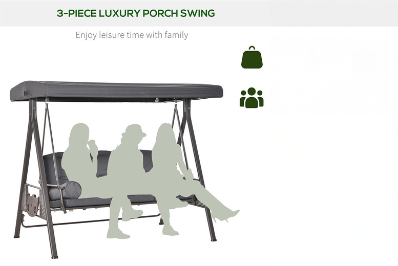 3-Seater Outdoor Swing Chair with Canopy, Cushions, Cup Trays