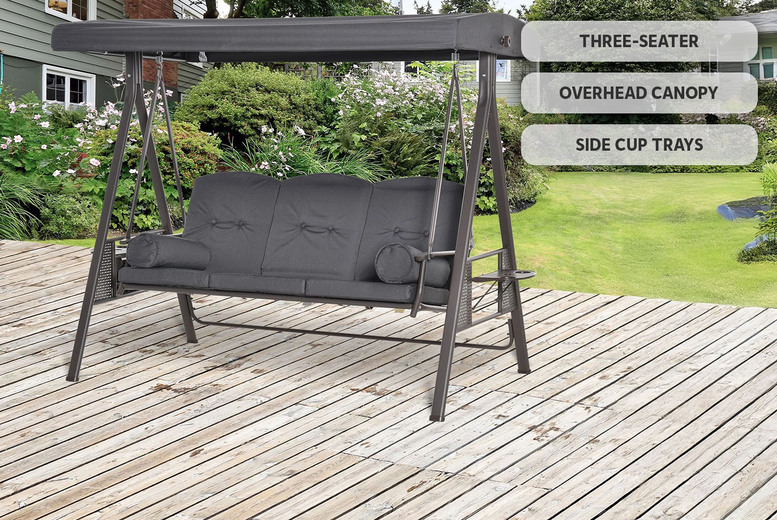 3-Seater Outdoor Swing Chair with Canopy, Cushions, Cup Trays
