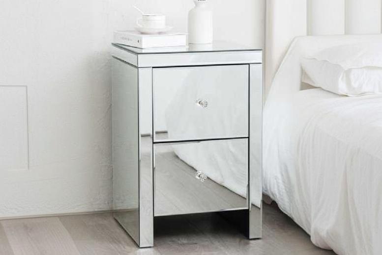 Hollywood Mirrored Large 2 Drawer Bedside Table – Crystal Handles, Contemporary Storage, 60cm Tall | Wowcher