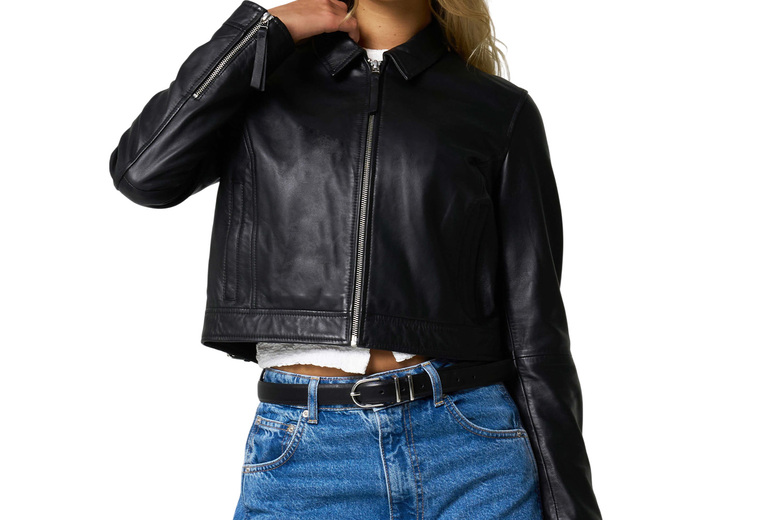 Black Barney’s Women’s Cropped Harrington Leather Jacket with Buckle Detail | Wowcher