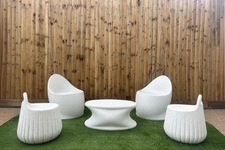 Egg Chair & Coffee Table Outdoor Set – Weather-Resistant Modern Polypropylene, 5-Seater, Natural Stone Finish | Wowcher Egg Chair & Coffee Table Outdoor Set – Weather-Resistant Modern Polypropylene, 5-Seater, Natural Stone Finish | Wowcher