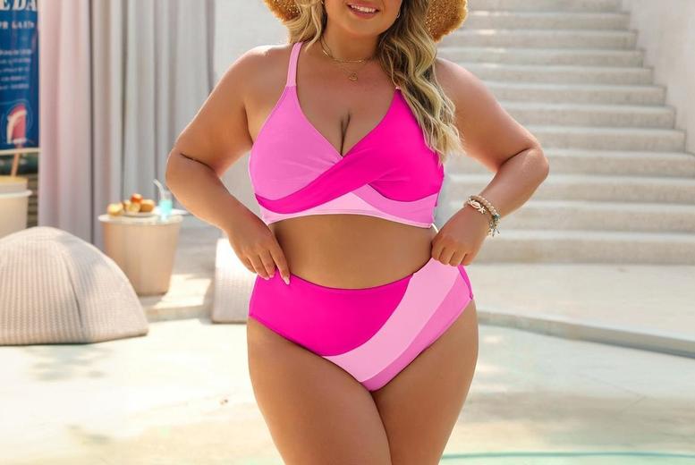 Women’s Pink High Waist Colour-Block Bikini Set – Stretch, Flattering, 3 Colours | Wowcher