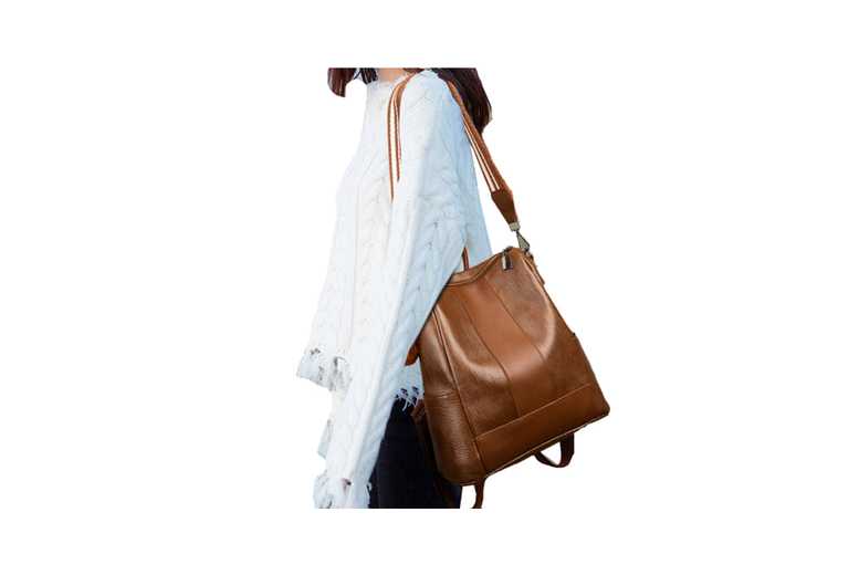 Brown Women’s Black PU Leather Convertible Backpack Handbag – Fluffy Ball, Anti-Theft, Multi-Compartment | Wowcher