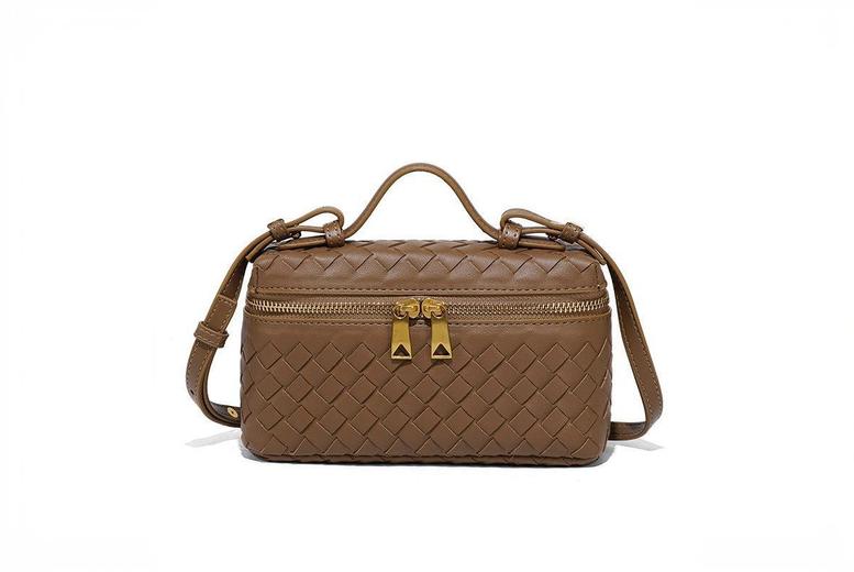Unisex Brown Fashionable Hand-Woven Small Square Bag with Double Zipper & Strap | Wowcher