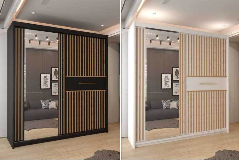 Modern Oak & Mirror Sliding Door Wardrobe – MDF Chipboard, Space-Saving Storage, 150cm or 203cm, Contemporary Bedroom Furniture | Wowcher Modern Oak & Mirror Sliding Door Wardrobe – MDF Chipboard, Space-Saving Storage, 150cm or 203cm, Contemporary Bedroom Furniture | Wowcher