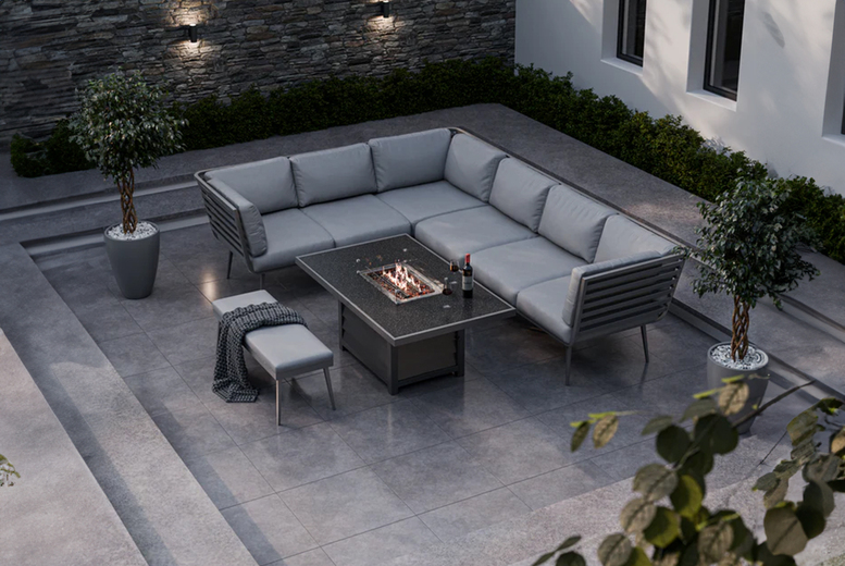 Aluminium 8-Seater Garden Corner Lounge Set with Fire Pit Table – Modern Outdoor Sofa & Bench | Wowcher Aluminium 8-Seater Garden Corner Lounge Set with Fire Pit Table – Modern Outdoor Sofa & Bench | Wowcher