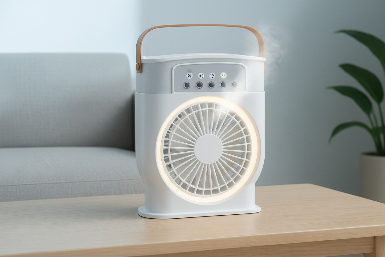 3-in-1 USB Air Humidifier, Adjustable Cooling Fan & LED Mood Lighting – 5 Speeds, Ultra-Quiet, Compact Design (21cm x 11.5cm x 27.5cm) | Wowcher
