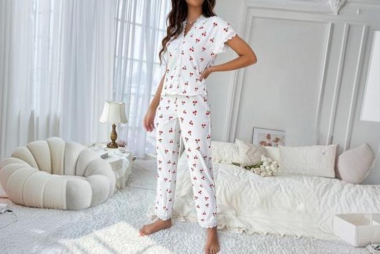 Unisex Black V-neck Lace Cherry Print Lounge Set – Soft, Playful, and Comfortable | Wowcher Unisex Black V-neck Lace Cherry Print Lounge Set – Soft, Playful, and Comfortable | Wowcher