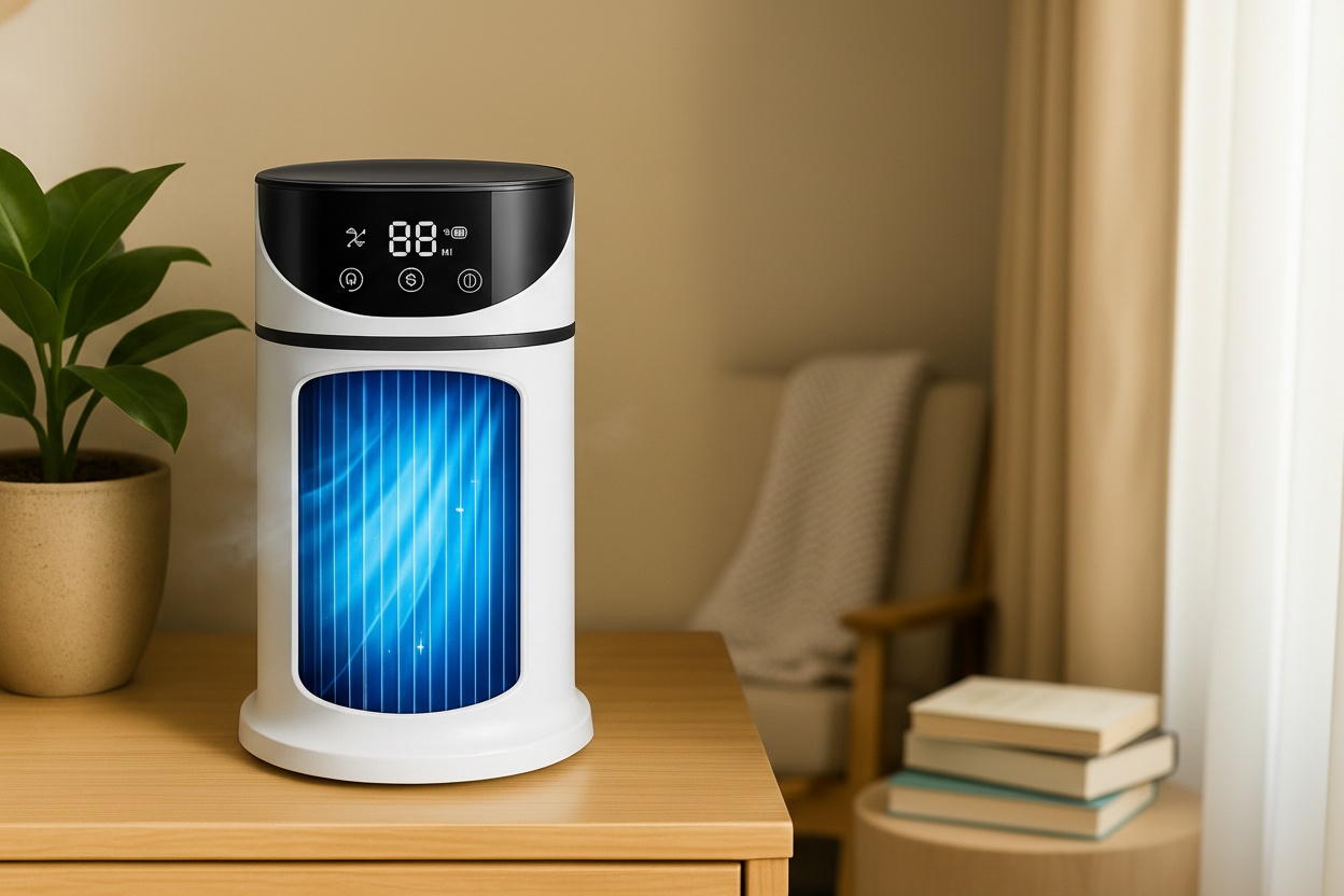 Bladeless Portable Mini Air Cooler Fan – 3-in-1 Humidifier, Purifier & Oscillating USB Desk Fan with Digital Display | Wowcher