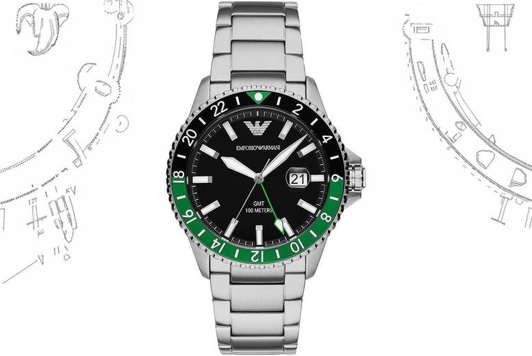 Emporio Armani AR11589 Diver GMT Quartz Watch – Stainless Steel, Water-Resistant, Black & Green Dial, 42mm | Wowcher Emporio Armani AR11589 Diver GMT Quartz Watch – Stainless Steel, Water-Resistant, Black & Green Dial, 42mm | Wowcher