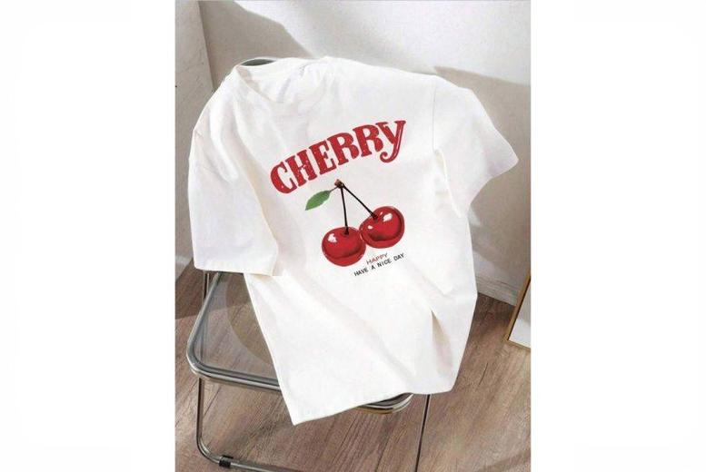 Trendy Women’s Y2K Cherry Print T-Shirt – Black or White, S-XL | Wowcher